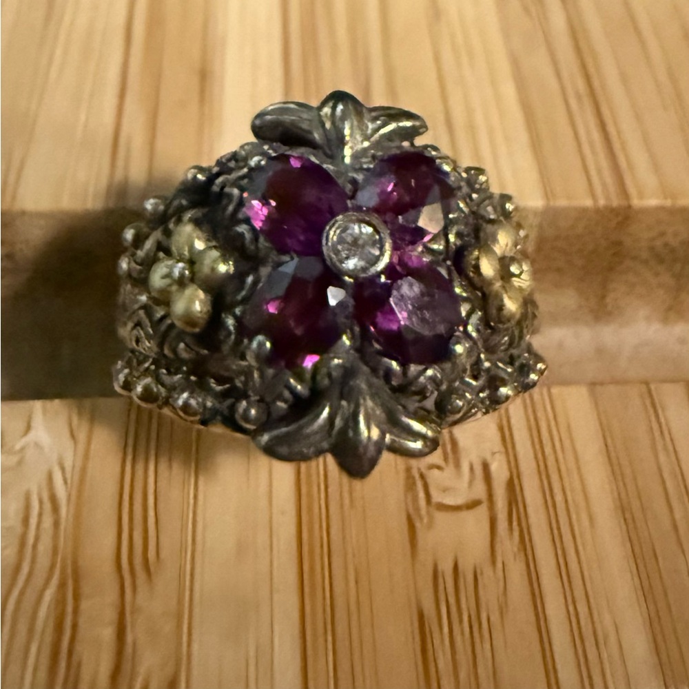 Elegant Silver and Gold Floral Ring with Purple Accents